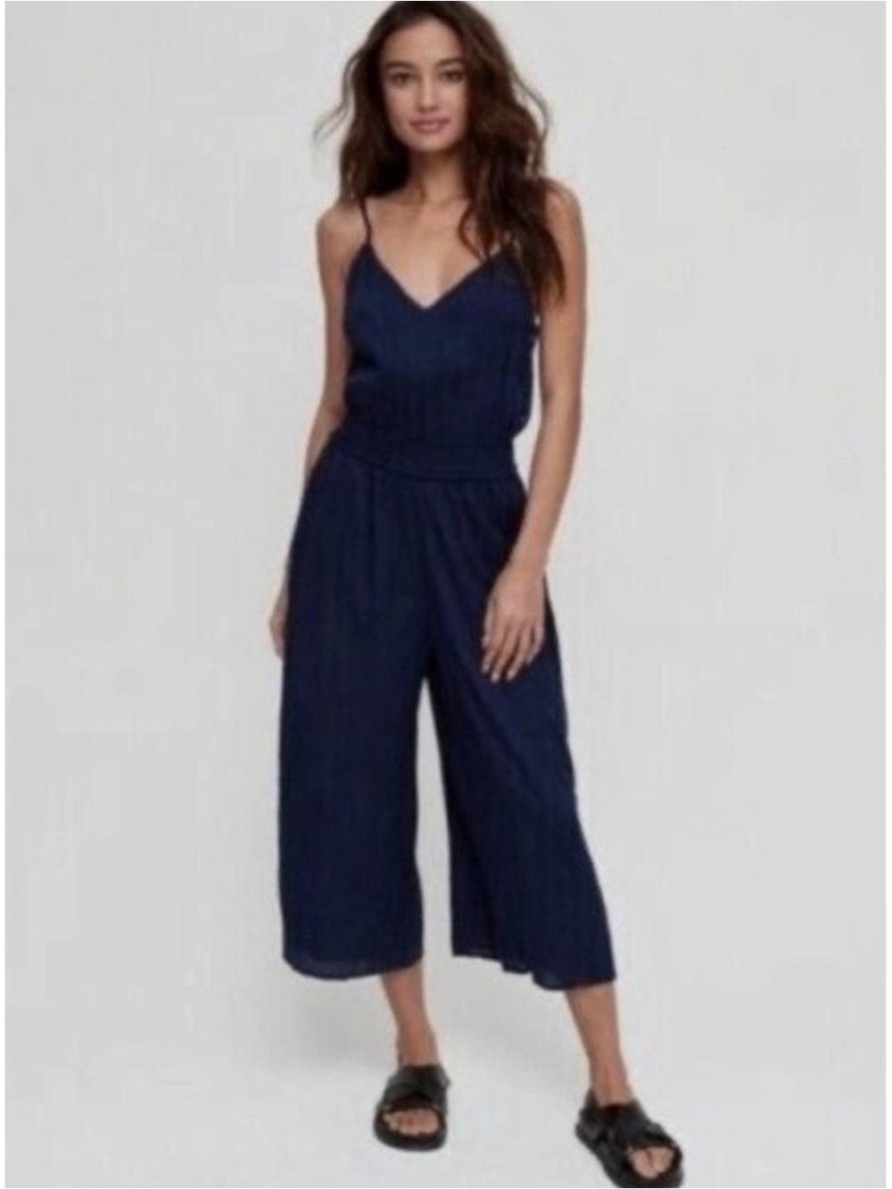 Wilfred Navy V‑Neck Wide‑Leg Jumpsuit